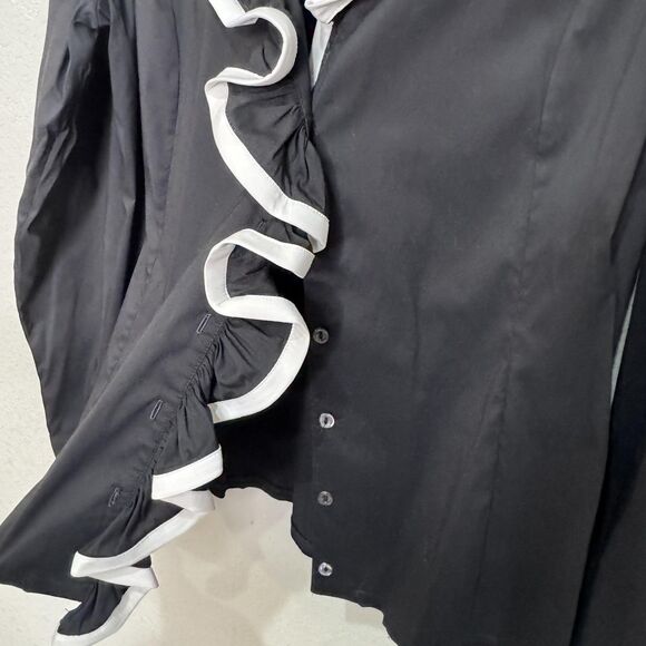 Rayure Paris Shirt Womens 44 Black White Ruffle Front Button Top Made France - Picture 6 of 8